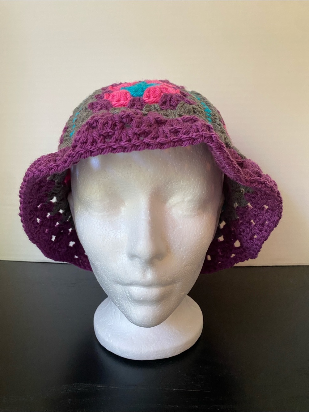Handmade Granny Square Crochet Bucket Hat - Purple Multicolor
